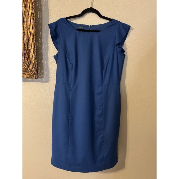 Talbots Sheath Dress 14P Blue Italian Flannel Short Ruffle Sleeve Career Church - Picture 11 of 13